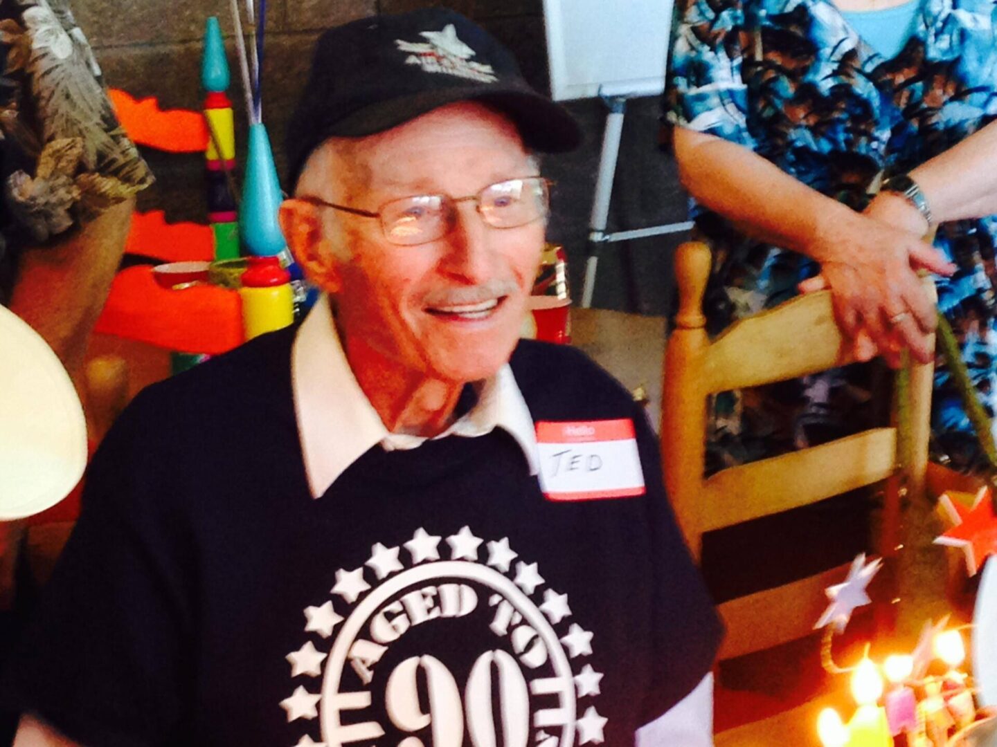 Gramps wearing his 90th birthday tee shirt