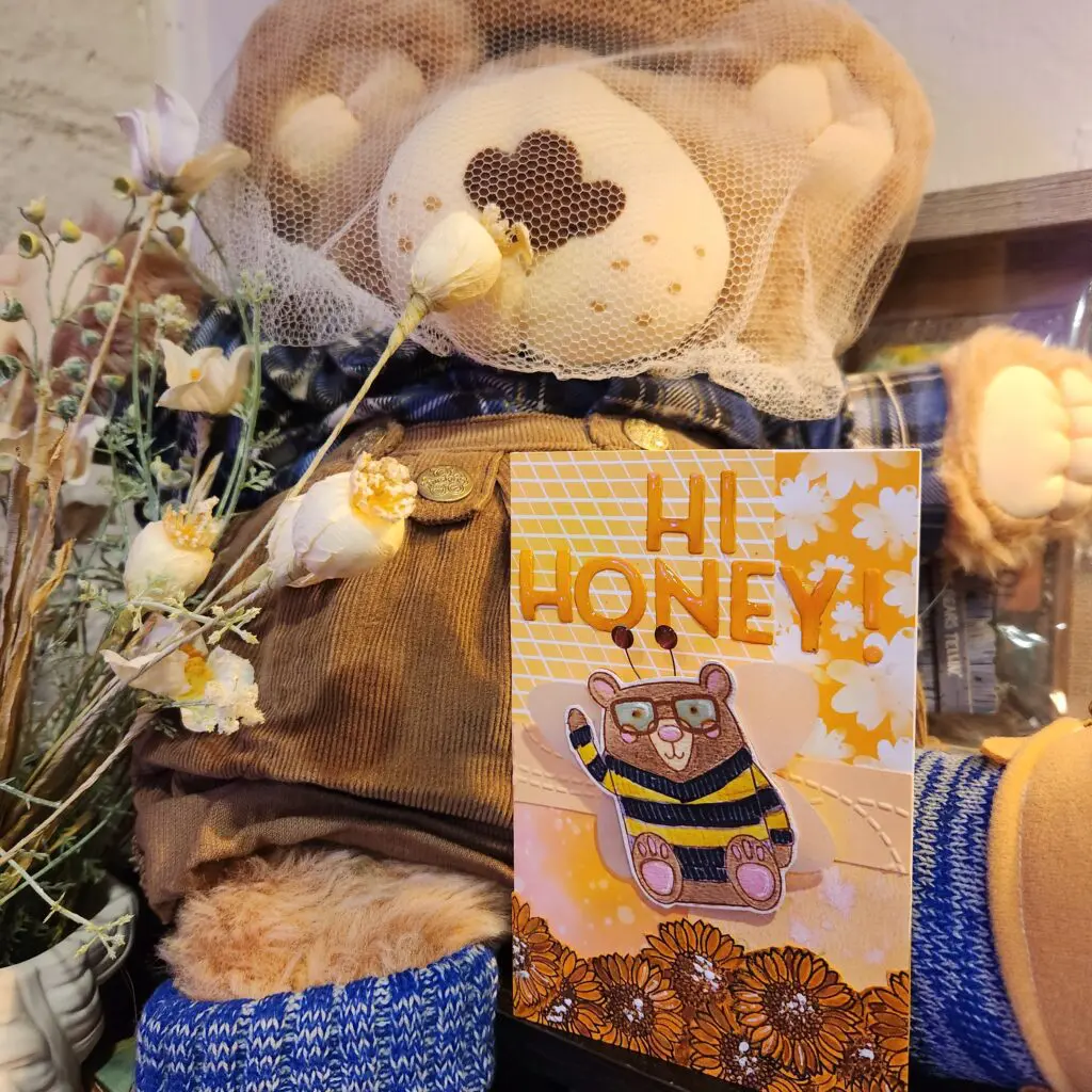 a furskins beekeeper bear showing a greeting card